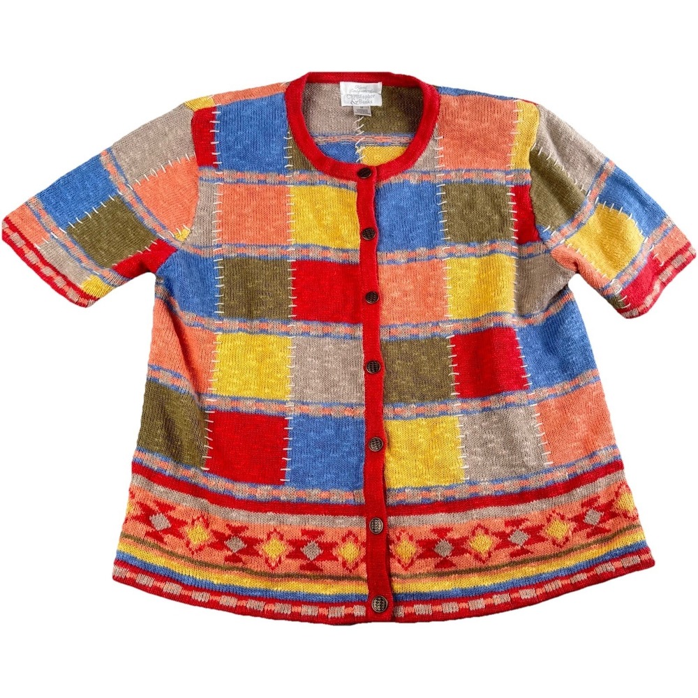 Vintage Christopher & Banks Patchwork Cardigan Sweater Womens M Ramie Cotton